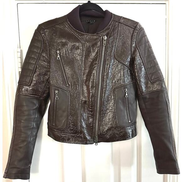 THEORY Shezi Polished Moto Lambskin Leather Jacket Brown - Sz XS - Picture 5 of 9
